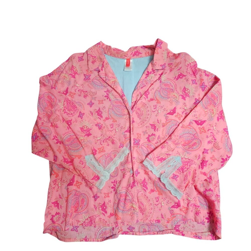 Josie Women's Pink Paisley Top Lace on Arms button up Pajama Top size XS / S